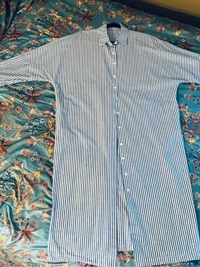Women's Blue and White Vertical Stripe Button-Down Dress/Duster